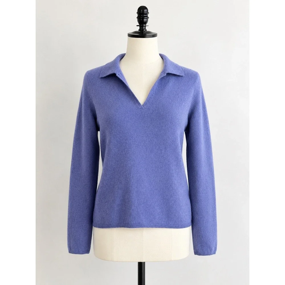 Charter Club Polo Sweater Womens Medium Blue 100% Cashmere V-Neck Quiet Luxury